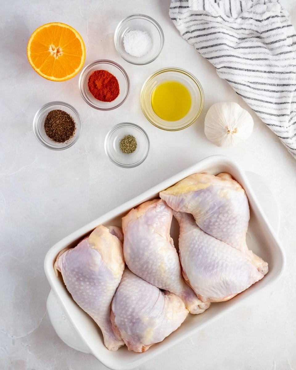 A white rectangular dish holds four raw chicken legs with pale skin showing subtle purple and yellow tones, arranged side by side and filling the dish. Above the dish on a white marbled surface are five small clear glass bowls arranged in a row and semi-circle pattern from left to right, containing dark brown spice, green herb, white salt, yellow oil, and bright orange-red spice. At the top left corner, there is a half orange with bright orange flesh and near the top right corner a whole white garlic bulb. A white cloth with black stripes is partly visible on the top right edge. Photo taken with an iphone --ar 4:5 --v 7