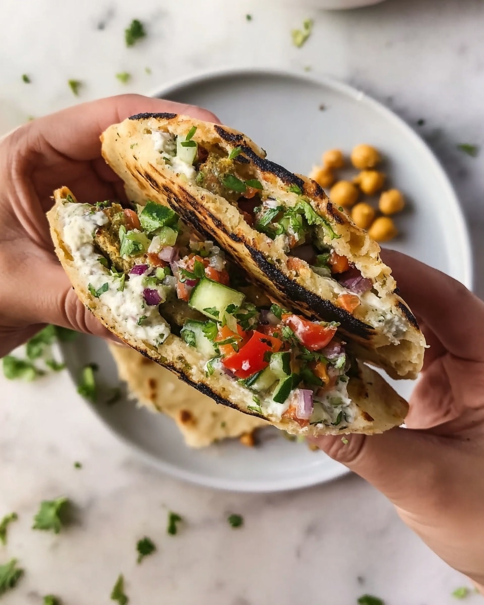 A close-up view of a stuffed flatbread held by two woman's hands with pink nails, showing a folded flatbread with three visible layers inside: a creamy white spread on the inner edges, a colorful fresh salsa layer with green herbs, diced cucumbers, and bright red tomatoes in the center, and a slightly charred golden-brown flatbread exterior folded over the filling. The background shows a white plate with three chickpeas and scattered green herb leaves on a white marbled surface. photo taken with an iphone --ar 4:5 --v 7