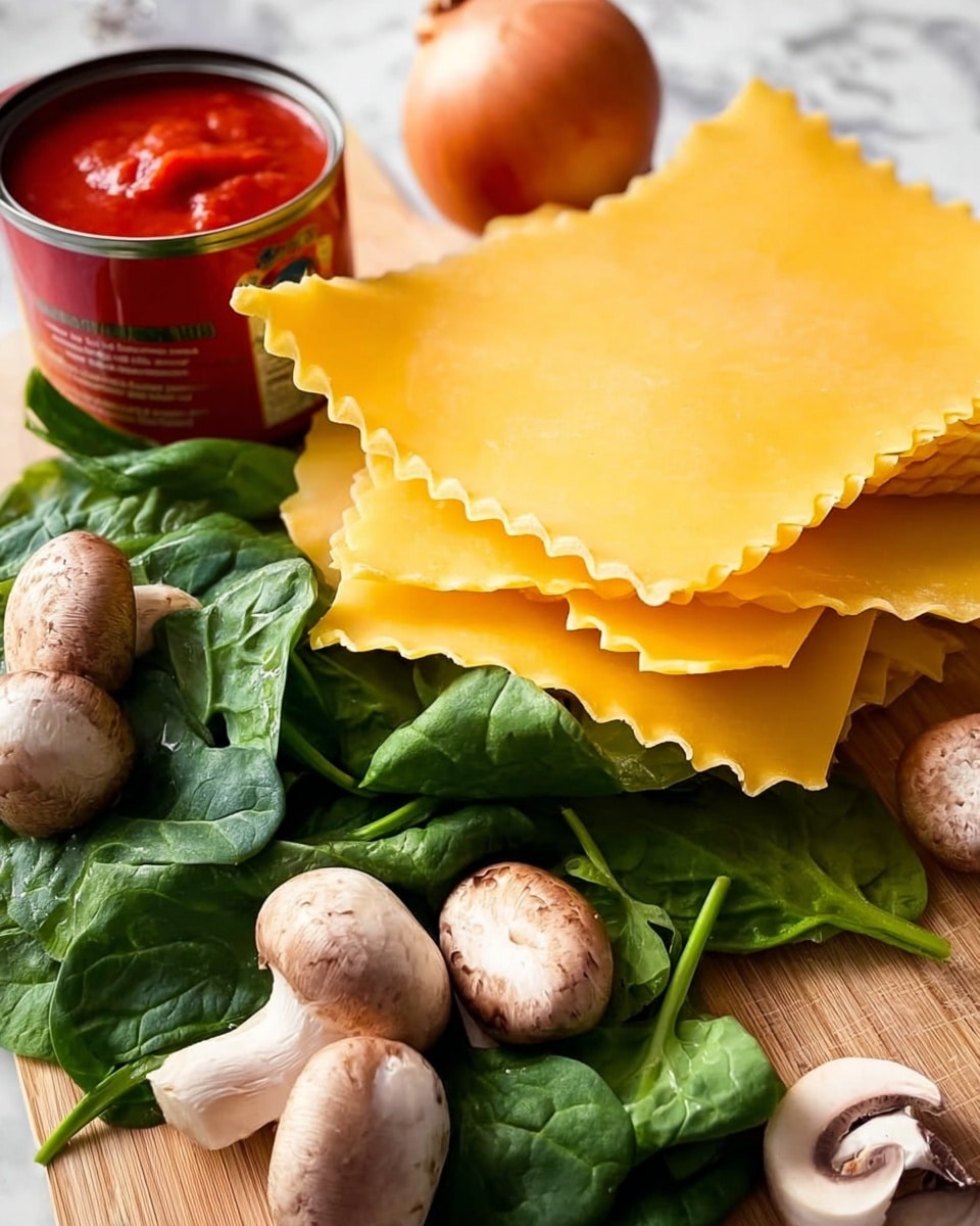 The image shows uncooked pasta sheets stacked in a loose pile with wavy edges on top, bright yellow in color and smooth in texture. Below and around the pasta there are fresh dark green spinach leaves with a slightly glossy look and brown mushrooms with light spots on their caps spread across the white marbled surface. On one side, an opened can of tomato sauce with red sauce inside is visible, and a whole onion sits next to the spinach. The background is a white marbled texture. Photo taken with an iphone --ar 4:5 --v 7