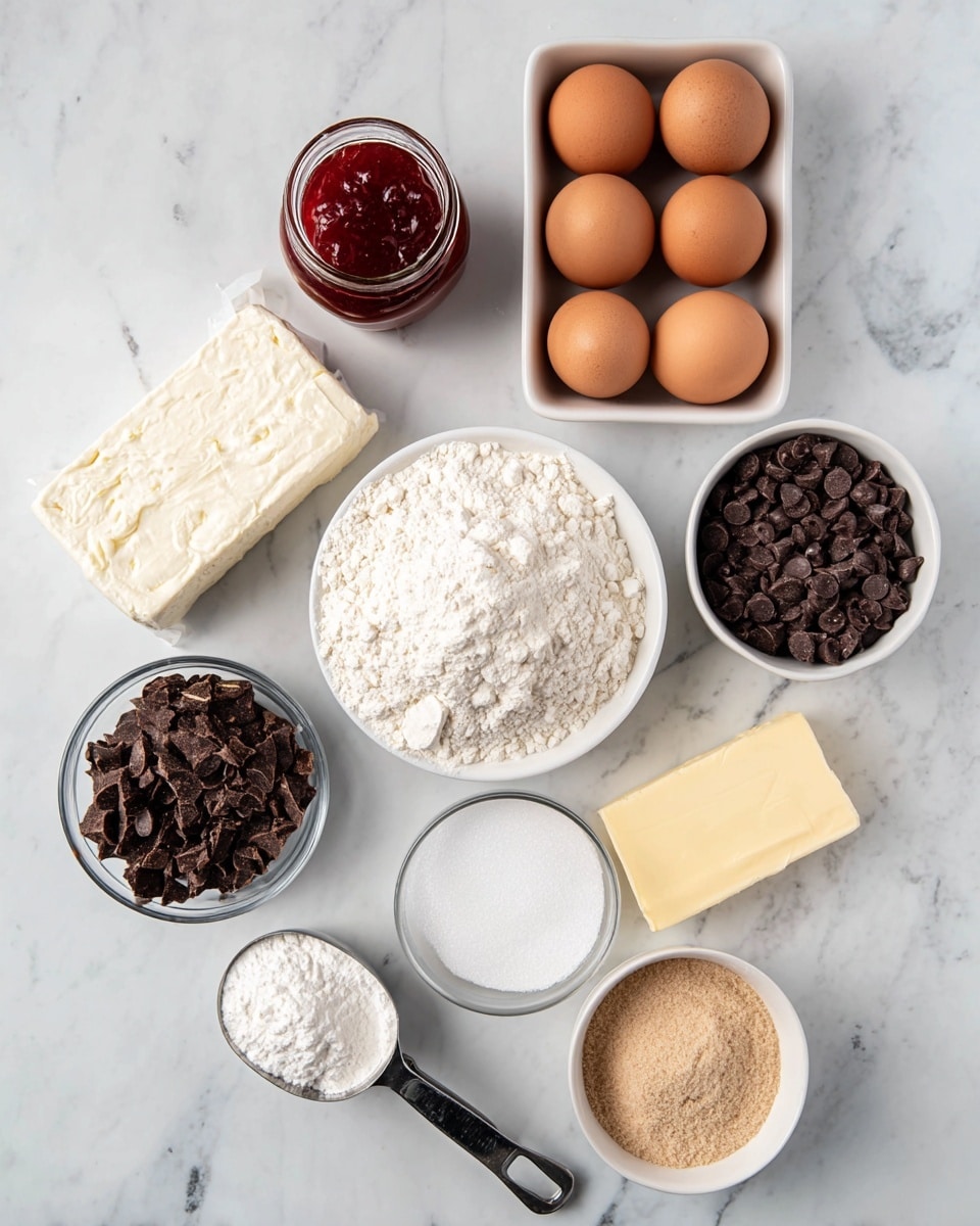The image shows a white marbled surface with various baking ingredients arranged neatly. At the top left is a small glass jar of red jam, next to a tray holding six light brown eggs. To the right is a white bowl filled with many dark chocolate chips, and a smaller glass bowl below it with fine chocolate pieces. In the bottom left area, there is a block of white cream cheese partially wrapped in foil, and a clear bowl filled with white powdered sugar. A metal scoop filled with white flour sits near the bottom center, with a small glass bowl of white baking powder nearby. To the right of the flour scoop is a white bowl containing light brown sugar, and a light yellow stick of butter is placed horizontally near the center. All items are arranged clearly on the white marbled surface. photo taken with an iphone --ar 4:5 --v 7