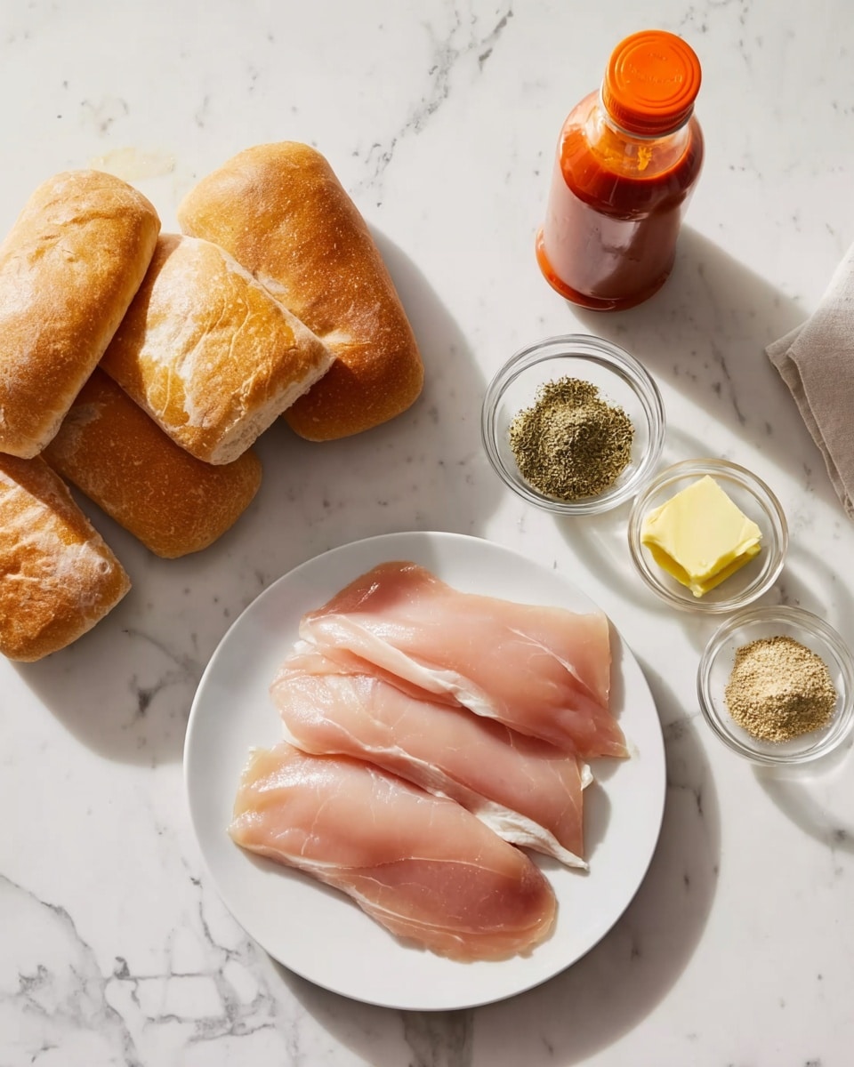 The image shows a white plate on a white marbled surface holding three thin, raw light pink meat pieces arranged side by side, slightly overlapping. To the left of the plate, there are five golden brown sandwich rolls stacked casually with a crusty texture. Above the bread, there are two small clear glass bowls; one has two small yellow butter pieces, and the other contains green herb powder. At the top center, a bottle with red sauce and an orange cap stands upright. Photo taken with an iphone --ar 4:5 --v 7