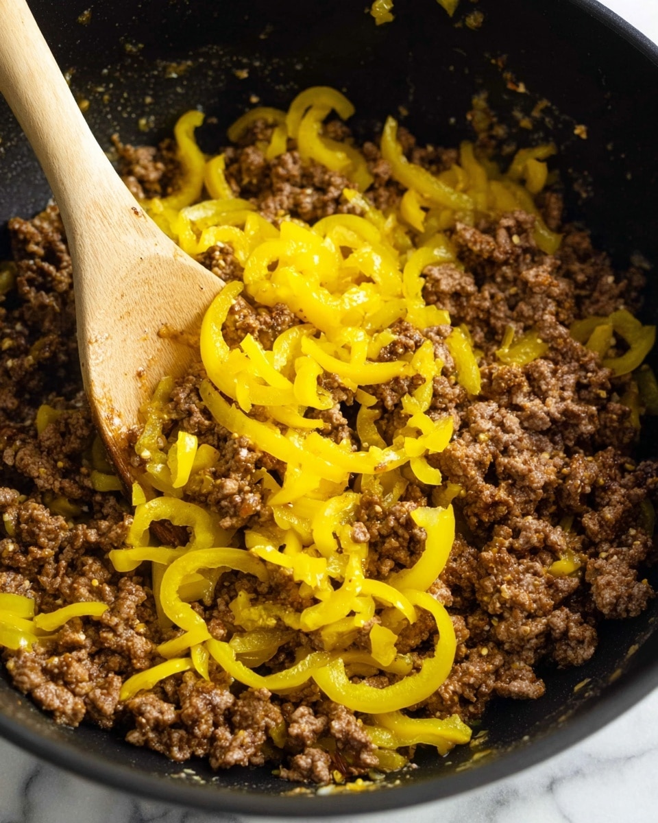 A close-up photo of cooked ground meat mixed with bright yellow sliced peppers in a black cooking pot. The ground meat is brown and crumbly, with some small bits of seasoning visible. The yellow peppers are thinly sliced and spread evenly on top and mixed within the meat. A light wooden spoon is placed in the pot, lifting a portion of the meat and peppers. The edges of the black pot are visible behind the food, showing some cooking marks. The surface under the pot is a white marbled texture. photo taken with an iphone --ar 4:5 --v 7