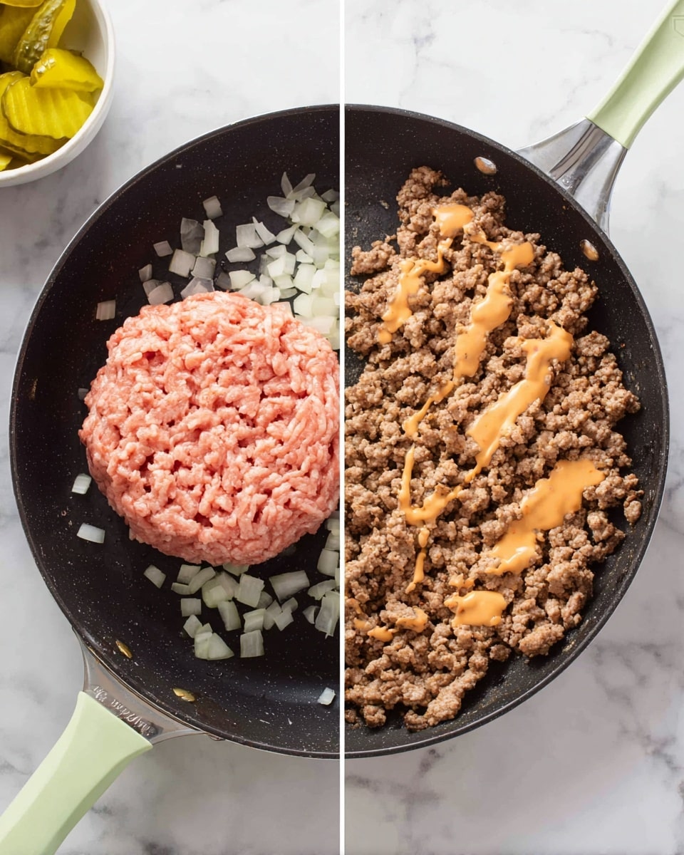 The image shows two side-by-side photos of a black frying pan on a white marbled surface. On the left side, the pan holds a thick, round mound of raw ground meat, light pink in color, next to small pieces of chopped white onion. On the right side, the pan contains browned, crumbled ground meat spread evenly across the bottom, with a light orange sauce drizzled in zigzag lines over the meat. The pan has a light green handle. In the background of the left photo, a white bowl with yellow pickle slices is partly visible. Photo taken with an iphone --ar 4:5 --v 7