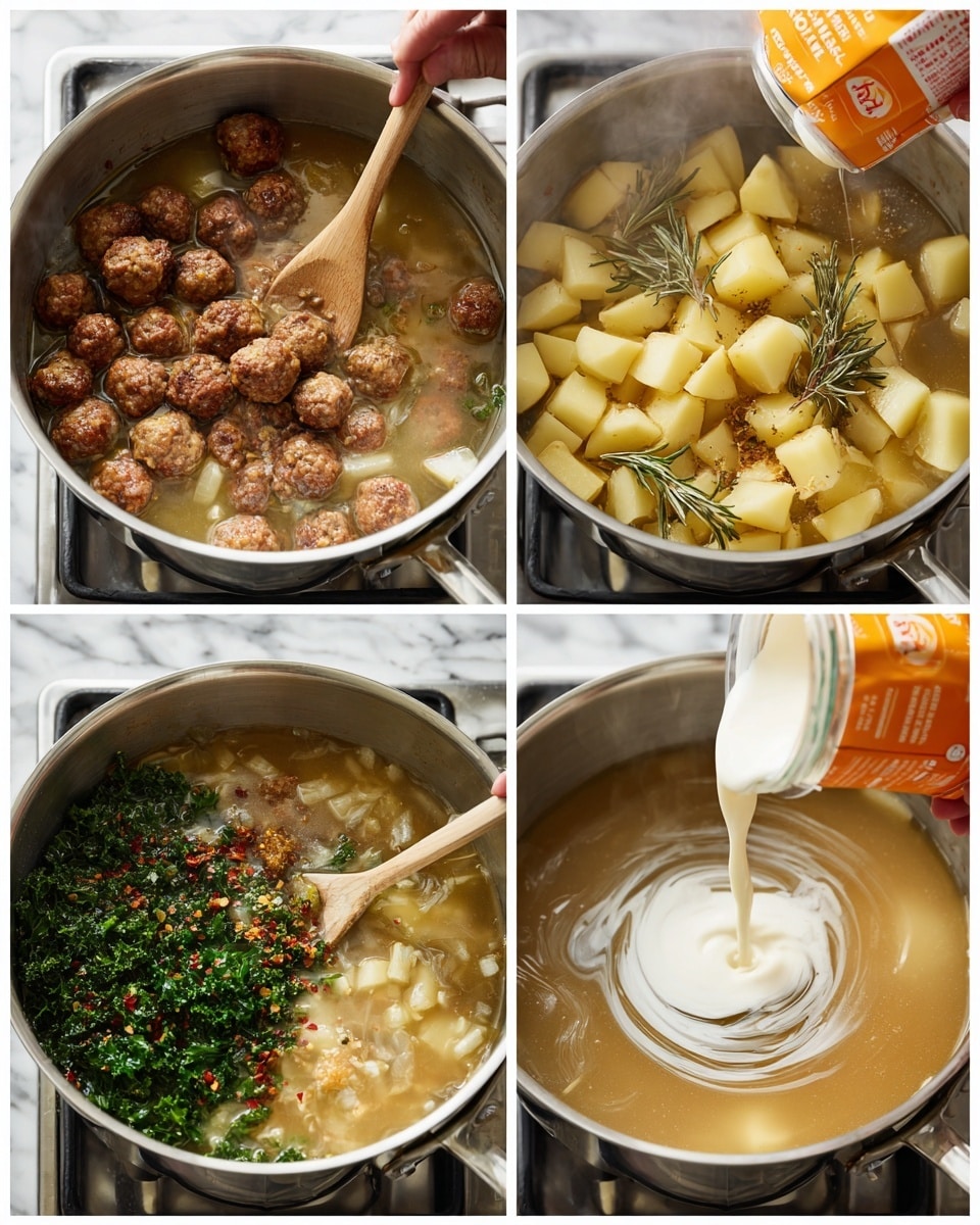 A stainless steel pot on a stove with four stages of making a soup: first, browned small meatballs and translucent chopped onions being stirred with two wooden spoons; second, the pot filled with broth showing floating small brown meatballs and diced pale yellow potatoes poured from a white bowl on a white marbled surface, and dried green herbs floating in the liquid while an orange carton pours broth; third, the soup is cooking with chopped dark green kale added by a woman's hand, mixed with meatballs, potatoes, and red pepper flakes in the broth; fourth, creamy white liquid is poured in the center of the simmering soup creating swirling patterns in the light brown broth with visible ingredients. Photo taken with an iphone --ar 4:5 --v 7