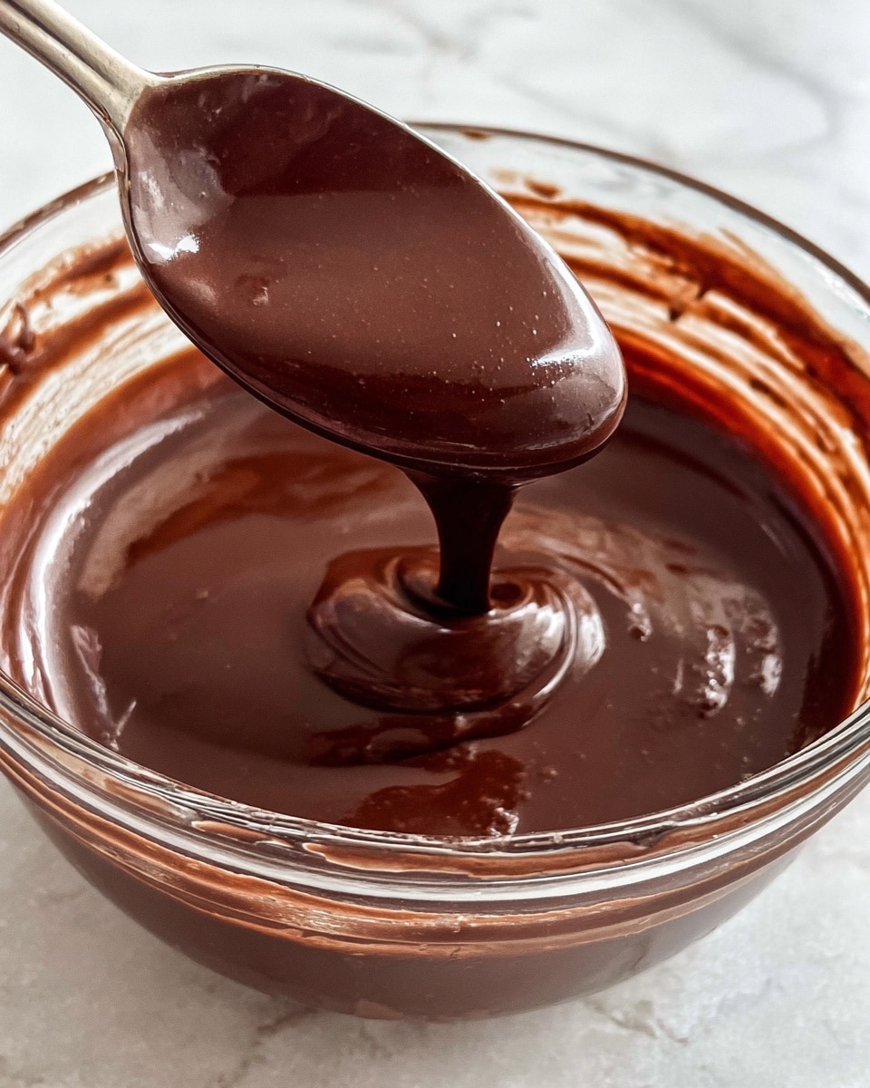 A glass bowl filled with thick, shiny dark brown chocolate sauce with smooth texture inside. A metal spoon lifts some chocolate sauce above the bowl, showing its creamy and glossy look. The edges of the bowl have chocolate traces, and the background is a white marbled texture. photo taken with an iphone --ar 4:5 --v 7