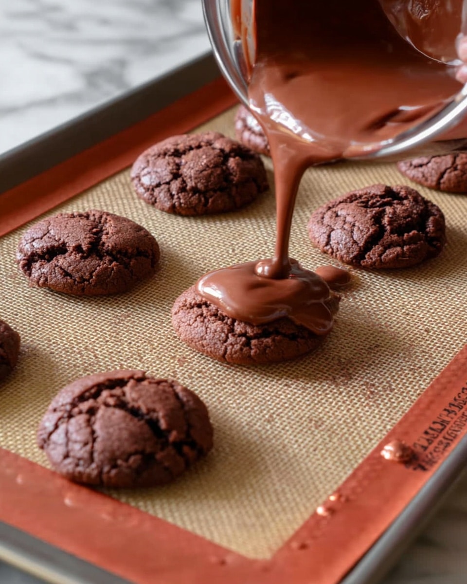 A baking tray with a textured beige silicone mat holds nine small, round chocolate cookie bases that are dark brown and cracked on top. A thick, smooth stream of rich milk chocolate is being poured with visible motion from a dark brown bowl onto one of the cookies, creating a melted layer that spreads over its top. In the upper left corner, a woman's hand is holding the bowl. The tray edges are copper-colored and slightly worn. The image has a soft focus on the cookies, highlighting their cracked texture while the background shows a white marbled texture. photo taken with an iphone --ar 4:5 --v 7
