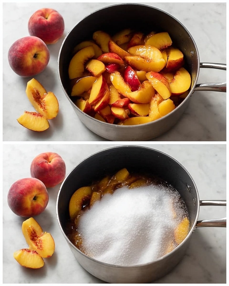 Two images show a black cooking pot on a white marbled surface with some peach pits nearby. In the first image, inside the pot, there are sliced peaches arranged in a loose pile. In the second image, the same sliced peaches in the pot are topped with a thick layer of white sugar, mostly covering the fruit but still allowing some peach color to show through. Photo taken with an iphone --ar 4:5 --v 7