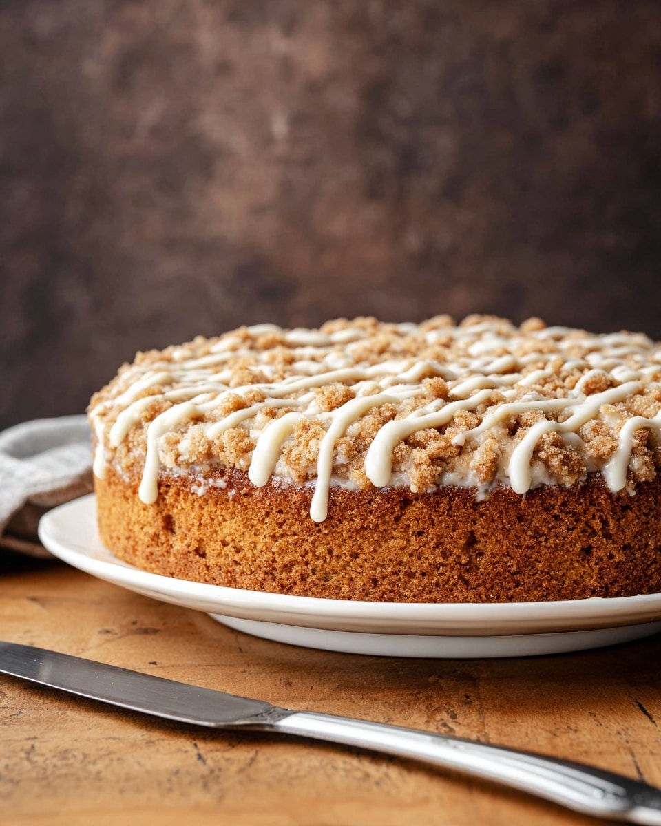 A round cake with a thick, light brown crumbly top layer sprinkled all over with uneven clusters, drizzled with a thin white icing in a zigzag pattern. Below this, there is a single, dense, medium brown cake layer that looks soft and moist. The cake is placed on a white plate with a slightly curved edge, sitting on a wooden surface with a silver knife next to it. The background is a blurred dark brown wall, and the overall theme is simple and warm. Photo taken with an iphone --ar 4:5 --v 7