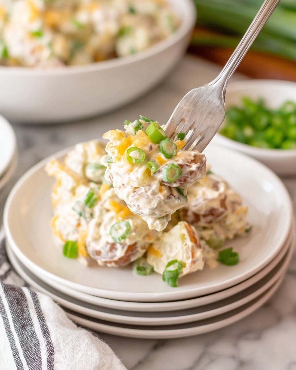 The image shows a close-up of a silver fork holding a creamy dish with chopped green onions and small pieces of golden-brown potatoes mixed in a white, thick sauce. The fork is positioned above a stack of three white plates, each carrying a portion of the same creamy potato salad with visible green onion slices and a creamy texture covering each piece. In the background, there is a large bowl filled with more of the same salad, placed against a white marbled surface. A white small dish with more chopped green onions is also seen in the bottom right corner. A white towel with black stripes is partially visible at the bottom left corner. Photo taken with an iphone --ar 4:5 --v 7