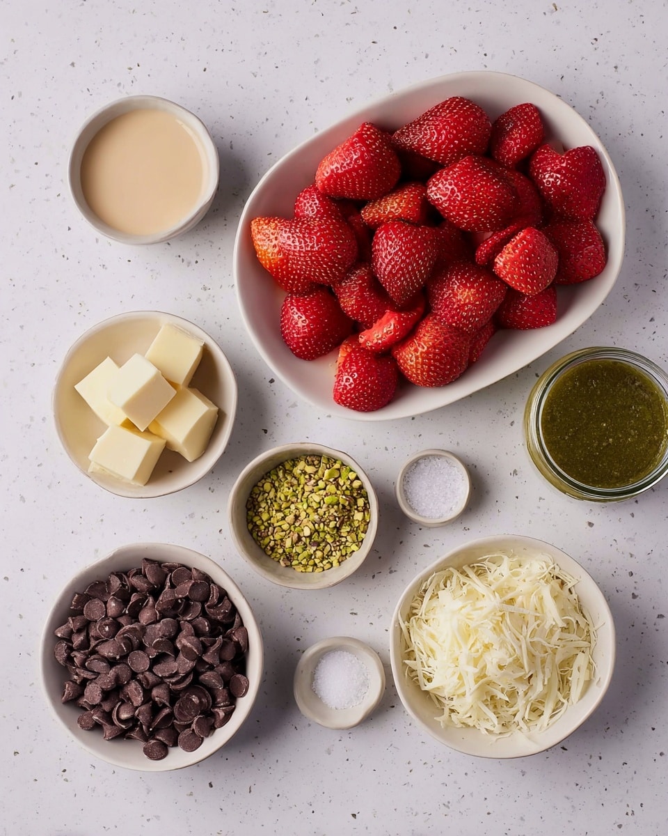 A top-down view of several small white bowls and one white oval plate arranged on a white marbled surface. The white oval plate is filled with bright red strawberries cut into halves and quarters, showing fresh juicy texture. To the top left, there's a small bowl with a light beige creamy sauce. Below it, another small bowl holds two pale yellow butter cubes. Underneath that is a small bowl filled with crushed green pistachios. In the center bottom is a tiny white bowl with a small amount of white granulated salt. To the bottom right, a bowl contains a heap of thin, light ivory shredded pastry strands. Above it, a white bowl is filled with dark brown chocolate chips. On the top right, a glass jar holds a thick green paste or sauce. All items are neatly arranged with clear separation, placed on the white marbled surface. Photo taken with an iphone --ar 4:5 --v 7