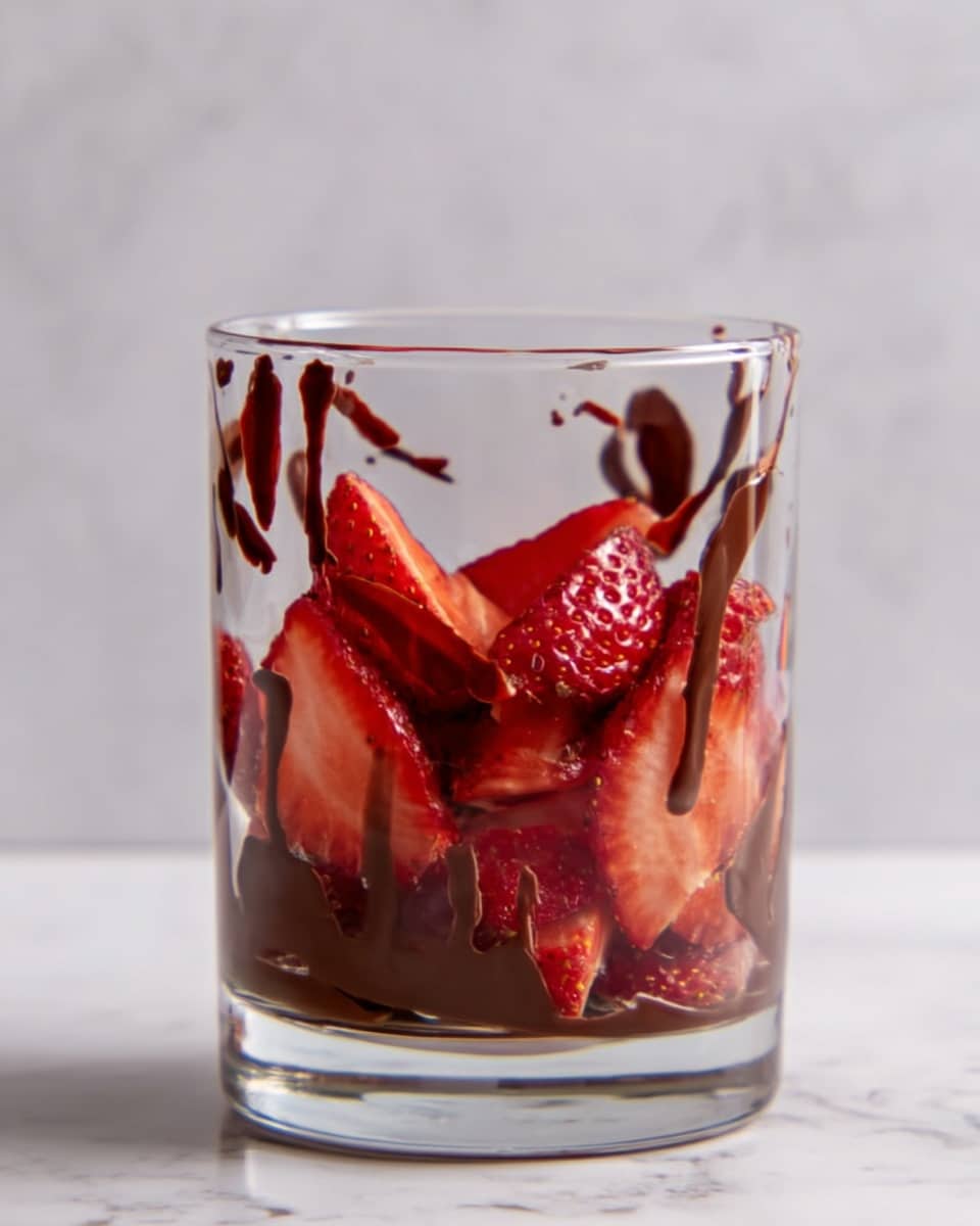 A clear glass filled with two layers: the bottom layer has fresh sliced red strawberries, and the top layer has smooth dark chocolate drizzled unevenly over the strawberries. The background is a white marbled surface. photo taken with an iphone --ar 4:5 --v 7