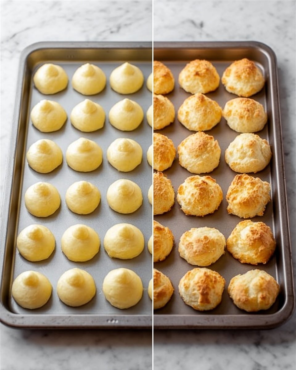 The image shows a side-by-side view of a metal baking tray with two stages of small round dough pieces. On the left side, the dough pieces are raw, pale yellow, smooth, and shiny, each shaped like small blobs with a tiny peak on top, arranged neatly in rows. On the right side, the dough pieces are baked, puffed up with a golden brown color on top and light cream color underneath, showing a fluffy texture with some cracks and unevenness. The baking tray rests on a white marbled surface. photo taken with an iphone --ar 4:5 --v 7
