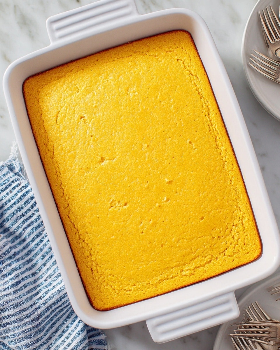 The image shows a single thick layer of bright yellow cornbread baked evenly in a large white rectangular baking dish. The top surface of the cornbread is smooth with slight cracks and a soft texture. The dish rests on a white marbled surface with a blue and white striped cloth on the lower left side. The edges of the cornbread have a slightly deeper golden color, indicating it is well baked. In the bottom right corner, there is a glimpse of a white plate with silver forks. Photo taken with an iphone --ar 4:5 --v 7