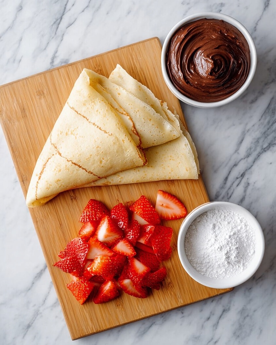 Two folded pale beige crepes with thin brown lines are placed diagonally on a wooden cutting board, next to a small pile of bright red sliced strawberries with juicy texture. Below the board, on a white marbled surface, there are two white bowls: one filled with smooth dark brown chocolate spread, and the other with fine white powdered sugar. The overall look is fresh and simple. photo taken with an iphone --ar 4:5 --v 7