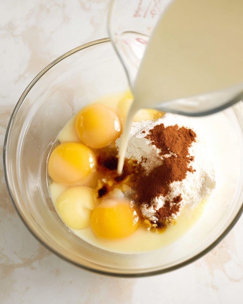A clear glass bowl sits on a white marbled texture surface, filled with five raw egg yolks in a pale yellow color, along with brown cinnamon powder and a splash of dark vanilla extract scattered on top. A clear measuring cup pours white milk gently into the bowl, creating a liquid stream that contrasts with the other ingredients. The mixture shows a variety of textures: smooth eggs, fine powder, and liquid milk, all close together in the bowl. The photo captures this moment from above, focusing on the ingredients inside the clear bowl. photo taken with an iphone --ar 4:5 --v 7