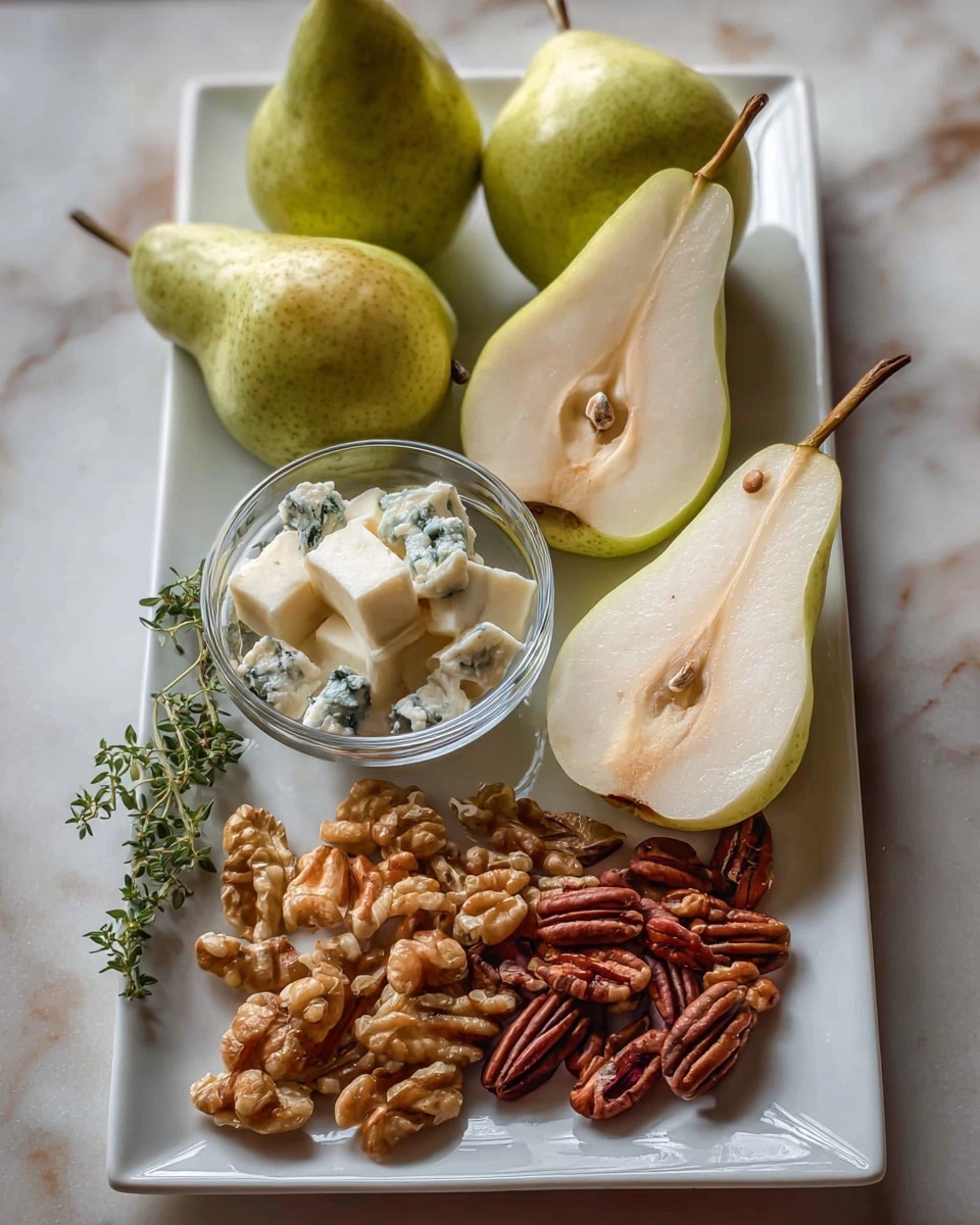 A white rectangular plate shows five pears, three whole and two cut in half, with pale white inside and light green skin with brown spots. In the center, there is a small clear glass bowl filled with white and blue cheese cubes. Below the bowl is a pile of mixed nuts including light brown walnuts and darker brown pecans. On the right side of the plate, there are small green herb sprigs. The plate rests on a white marbled surface. photo taken with an iphone --ar 4:5 --v 7