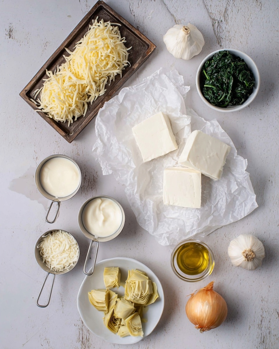 Healthy Spinach Artichoke Dip Recipe 5 The image shows several ingredients neatly arranged on a white marbled surface. At the top left, shredded pale yellow cheese sits on a dark wooden tray. In the center, there are large white blocks of cheese placed on crumpled white parchment paper. To the right of the cheese blocks, there is a small white bowl filled with finely chopped dark green spinach. Near the top center, two metal measuring cups hold smooth, creamy white and light beige sauces. Below, a whole garlic bulb and a small yellow onion lay side by side. At the bottom left, a metal measuring cup is filled with grated white cheese, and nearby is a jar topped with a layer of smooth white cream. A small white plate at the bottom center contains chopped artichoke hearts in a yellowish color. A small metal cup with golden oil is placed to the right side. The arrangement is clean and organized, all on a bright white marbled background. Photo taken with an iphone --ar 4:5 --v 7