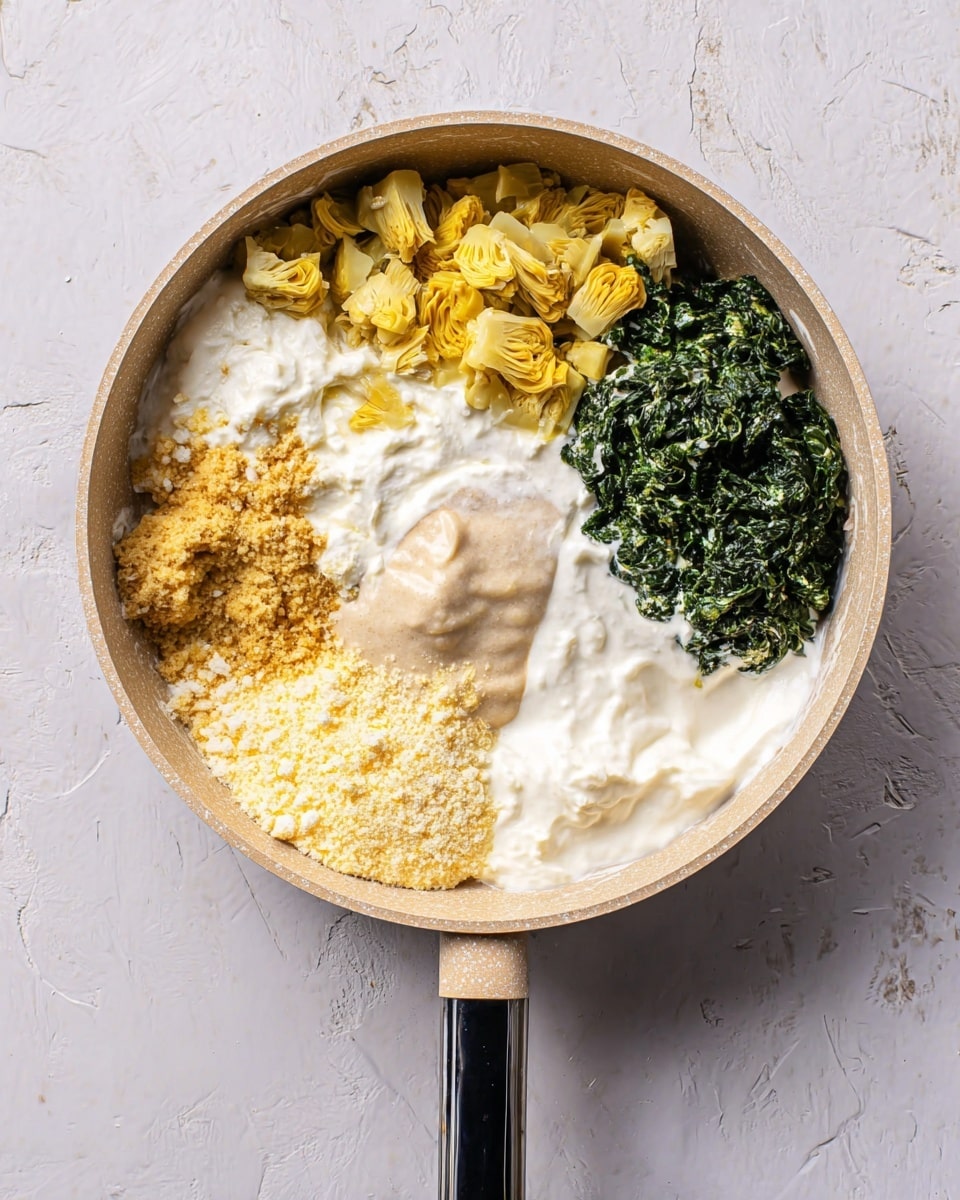Healthy Spinach Artichoke Dip Recipe 6 A beige pan with a black stripe on the handle sits on a white marbled surface, filled with five visible layers of ingredients divided into sections: at the top left, chopped yellow artichoke pieces with a soft texture; below them, a thick layer of creamy white yogurt or sour cream; in the center, a light tan creamy dollop; bottom left contains a crumbly, pale yellow cheese powder; and to the right, deep green clumps of chopped spinach topping another white creamy layer. Photo taken with an iphone --ar 4:5 --v 7