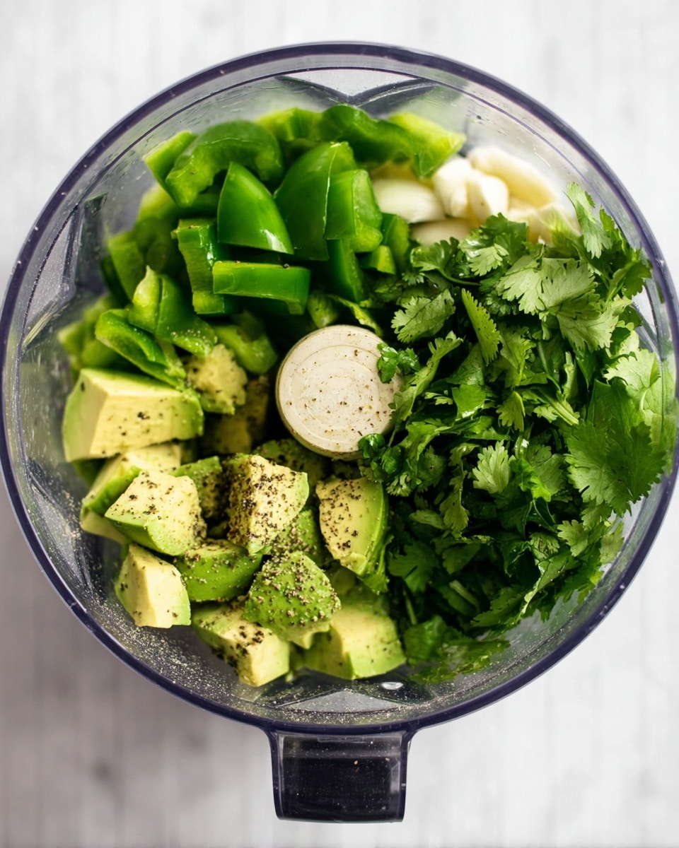A clear blender bowl filled with fresh ingredients arranged in separate sections: bright green chopped bell peppers on the top left, white garlic pieces scattered over the peppers, light green avocado chunks with black pepper sprinkled on them at the bottom left, and a bunch of fresh dark green cilantro leaves filling the right half of the bowl, all set against a white marbled surface. photo taken with an iphone --ar 4:5 --v 7