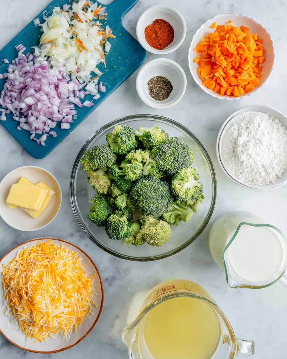 A top-down view shows frozen green broccoli florets in a clear glass bowl at the center on a white marbled surface. Above the bowl is a blue cutting board holding finely chopped light purple onions on the top left, with grated bright orange carrots below them and small chopped garlic to the right. Next to the cutting board is a small white bowl with three spices: red, black, and white. On the right side, a transparent bowl holds a pale yellow liquid mixture with pepper floating. Below it, a white bowl contains melted yellow butter. On the bottom left, a small white dish has a solid butter chunk. Near the bottom center-left, a white plate stacked with mixed grated cheeses in orange and pale yellow hues. Next to that on the bottom right, there's a glass measuring cup with fresh white milk, and a white bowl with white flour. Photo taken with an iphone --ar 4:5 --v 7