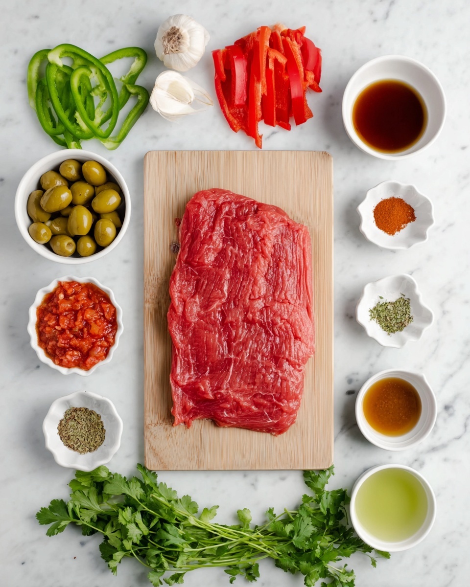 A large flat piece of red raw meat is placed on a light wooden cutting board in the center of a white marbled surface. Around the board are small white bowls and ramekins holding various ingredients: green sliced bell peppers on the left, red sliced bell peppers on the right, green olives in a scalloped bowl, bright red tomato paste, chopped tomatoes in juice, white onions, olive oil, and small portions of spices like black pepper, dried herbs, ground coriander, and red chili powder. Three garlic cloves and a bunch of fresh green cilantro are also arranged around the cutting board. A white ramekin with a dark brown liquid and another small white bowl with a light green liquid complete the setup. The image has a clean, organized look with fresh and colorful ingredients. photo taken with an iphone --ar 4:5 --v 7