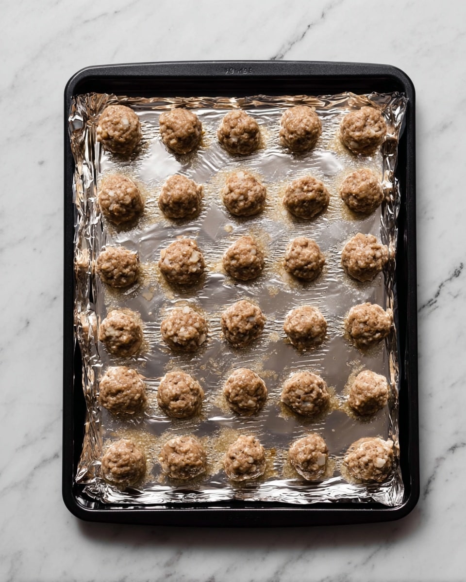 A black baking tray lined with shiny silver foil holds 32 small, round meatballs arranged in four neat rows. The meatballs are light brown with a slightly rough texture and small bits of white visible inside, appearing moist with some juices pooling slightly around them on the foil. The tray rests on a white marbled surface, with soft natural lighting highlighting the meatballs’ uneven shapes and glistening surfaces. photo taken with an iphone --ar 4:5 --v 7