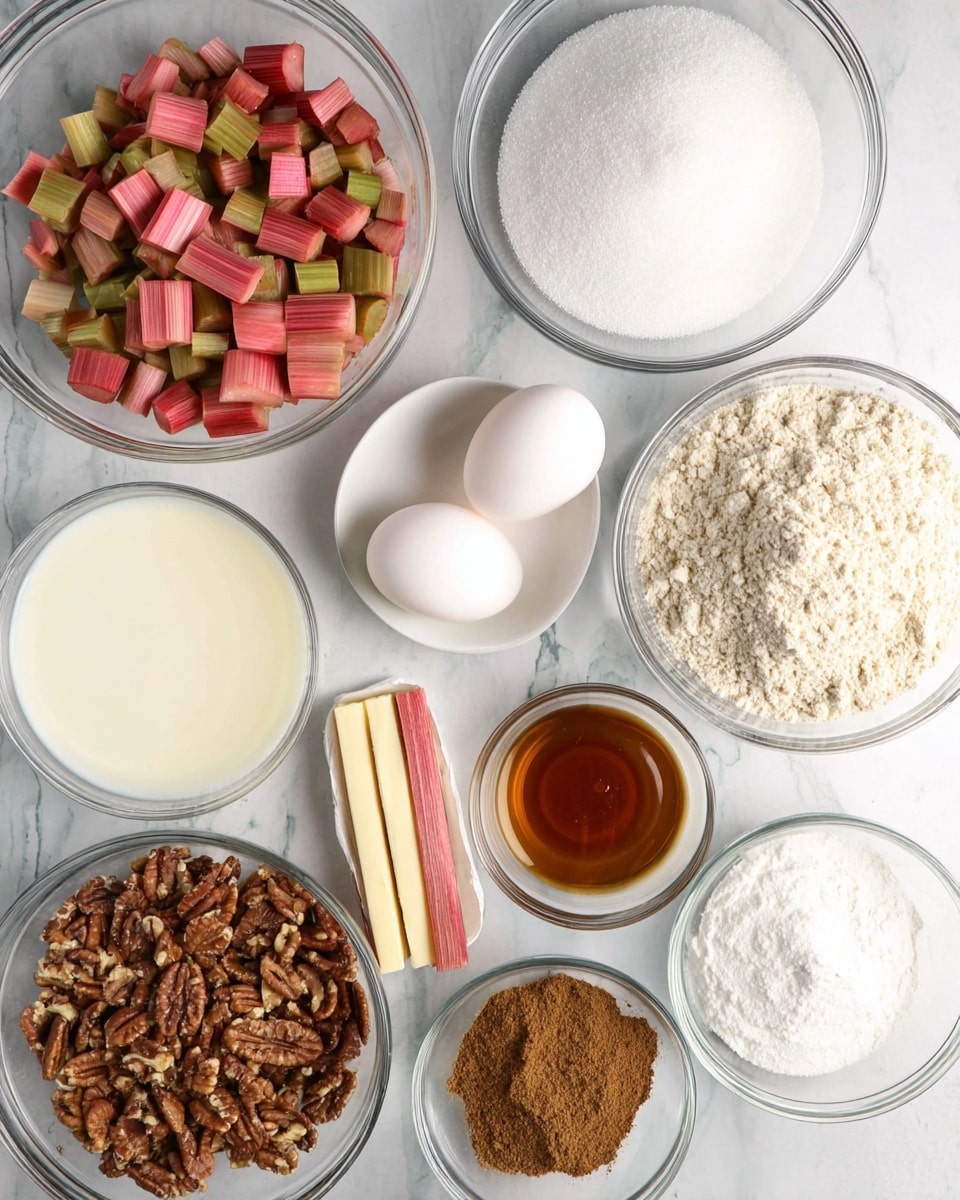 The image shows multiple clear glass bowls and a white bowl arranged on a white marbled surface, each holding different baking ingredients. The white bowl at the top left is filled with chopped rhubarb pieces in shades of pink, red, and green. To its right is a clear glass bowl filled with white granulated sugar. Below the rhubarb bowl is another glass bowl with flour, which is light beige and powdery. Next to the flour is a bowl with a small amount of milk, white and smooth in texture. At the center are two white eggs placed side by side, with two sticks of butter wrapped in paper laying beside them. To the right of the milk is a small bowl containing a dark amber liquid, likely vanilla extract. Below the eggs is a bowl with ground cinnamon, brown and finely ground. Next to the cinnamon is a bowl filled with chopped pecans, showing a mix of light and dark brown nut pieces. To the right of the pecans is a small bowl with white powder, probably baking powder or baking soda. Photo taken with an iphone --ar 4:5 --v 7