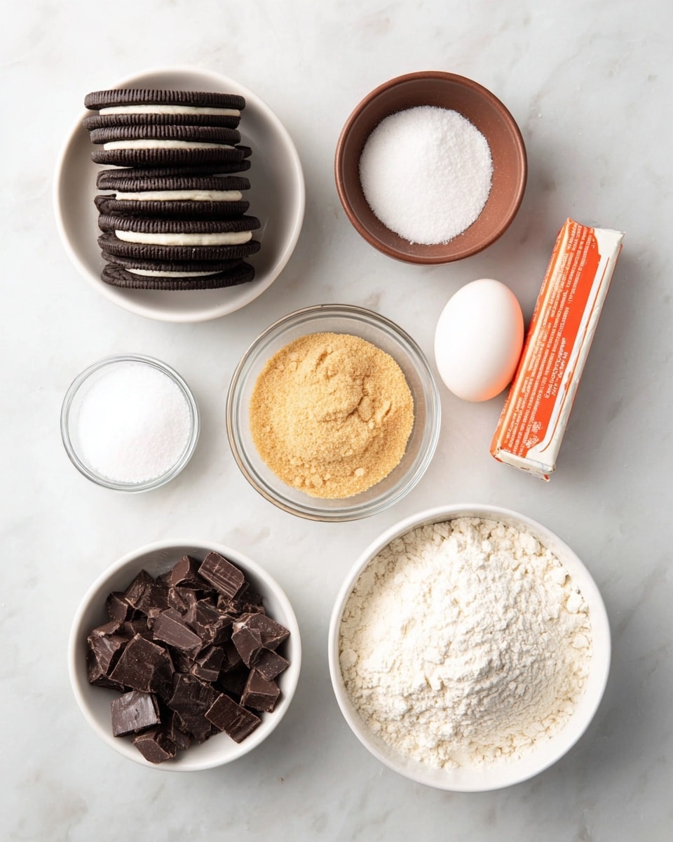 A top-down view of seven containers arranged on a white marbled surface, each with different baking ingredients. At the top left, a white bowl holds a stack of dark sandwich cookies with white filling. To its right, a small brown bowl contains white powder, and next to it is another small brown bowl with a single white egg. Below the egg, there is a stick of butter wrapped in orange and white paper. Centered below the white powder, a clear glass bowl is filled with light brown sugar. To the left of this bowl, a white bowl is filled with dark chocolate chips, some overlapping with broken pieces. At the bottom left, a small white cup contains white granulated sugar. Finally, at the bottom right, a large white bowl holds white flour with a slightly uneven surface, creating a textured look. photo taken with an iphone --ar 4:5 --v 7