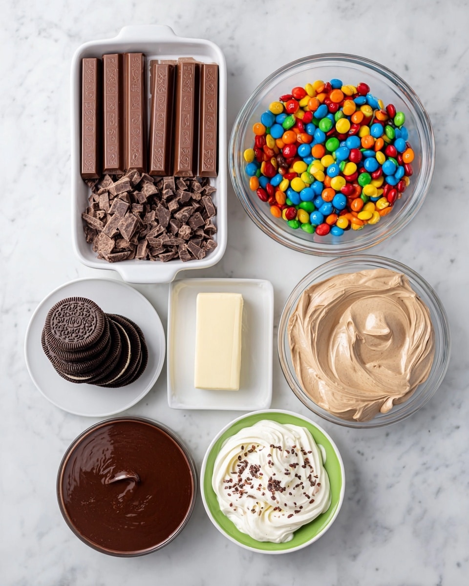 The image shows a top-down view of different ingredients arranged neatly on a white marbled surface. In the upper left, a white ceramic dish holds eight whole milk chocolate bars standing upright, with chopped chocolate pieces in front of them. To the top right, a clear glass bowl is full of colorful candy-coated chocolates in red, blue, green, orange, and yellow. Below this is a white rectangular butter dish with a stick of pale yellow butter. In the middle, a small white plate holds six stacked chocolate sandwich cookies. At the lower left, there is a small glass bowl filled with thick, dark melted chocolate. Next to this bowl are two round white dishes with green rims; one contains a swirl of white cream sprinkled with small chocolate bits, and the other holds a smooth milk chocolate spread sprinkled with similar small bits. The whole setup is clean and organized, highlighting the different shades and textures of the sweet ingredients photo taken with an iphone --ar 4:5 --v 7