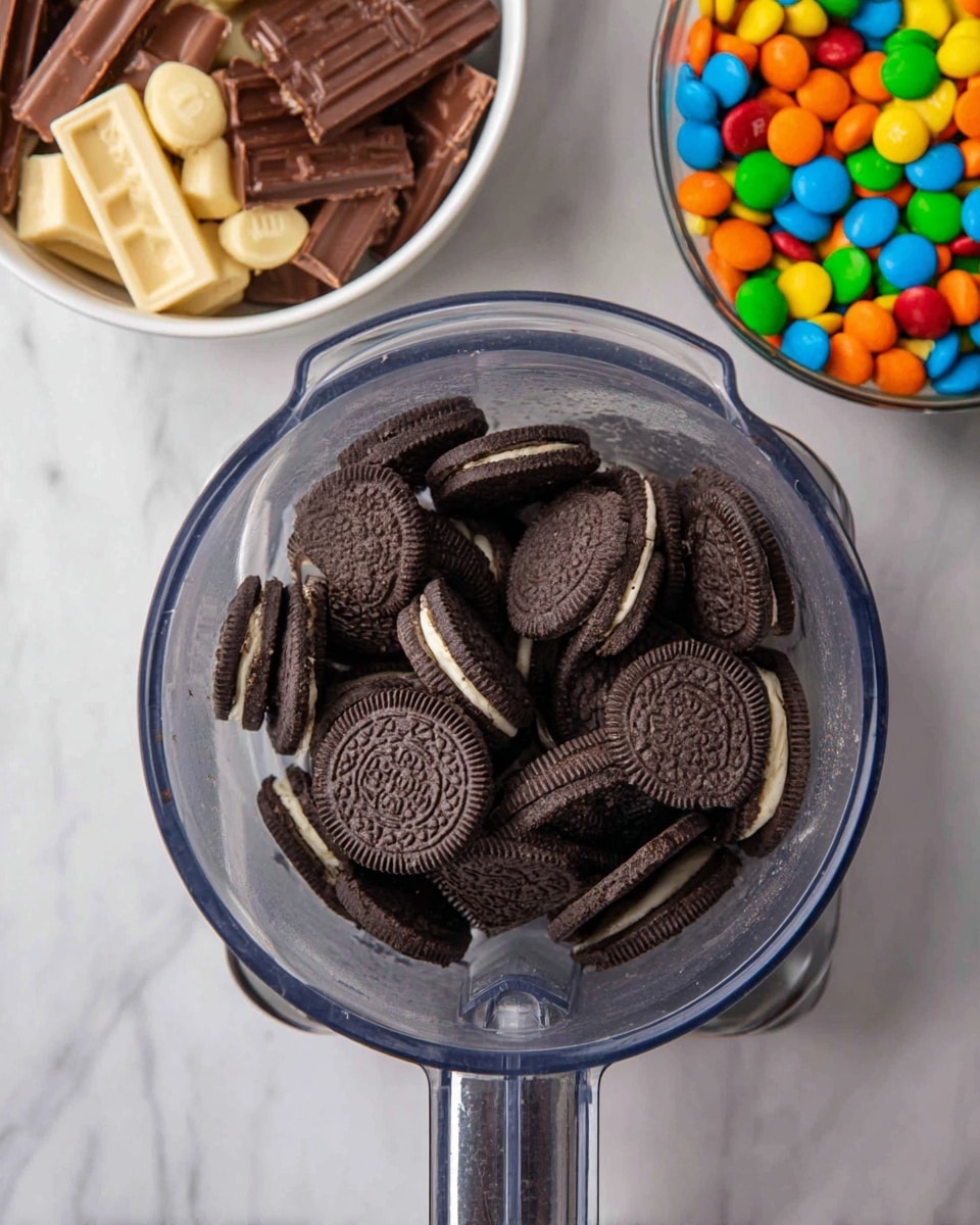 The image shows a clear blender container filled with whole and partial dark brown sandwich cookies with cream filling, stacked loosely over each other. In the top left corner, there is a white bowl holding a mix of chopped chocolate bars and wafer pieces in light and dark brown colors with creamy textures. In the top right corner, there is a clear bowl filled with colorful round candies in bright colors like green, blue, yellow, orange, and red. All items are placed on a white marbled surface. photo taken with an iphone --ar 4:5 --v 7