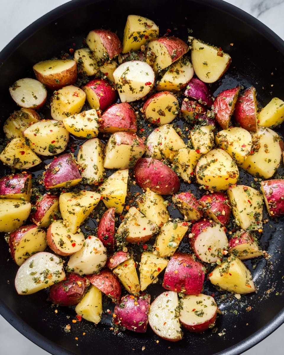 The image shows a black pan filled with many potato pieces cut into small chunks. The potatoes are in two colors: red and yellow, each chunk with its skin on and a white inside. The potatoes are mixed with some green herbs and red pepper flakes sprinkled all over. The pieces are spread out evenly, and the pan's surface is dark with some oil shine. The pan is placed on a white marbled surface. photo taken with an iphone --ar 4:5 --v 7