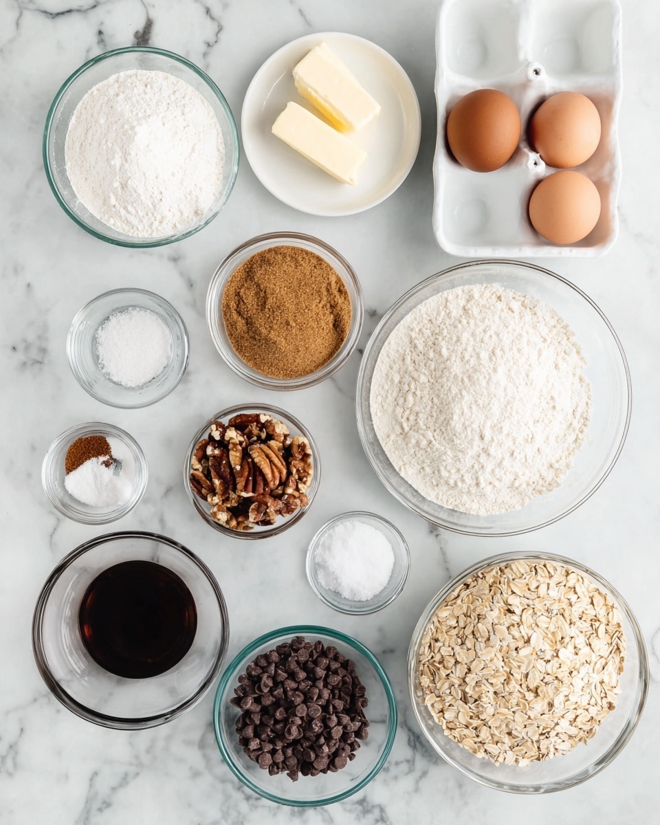 A top-down view of an arrangement of baking ingredients on a white marbled surface. There are 14 bowls and containers in total, spread evenly across the frame. Starting from the top, there is a glass bowl with white granulated sugar on the left, next to a small white plate with two sticks of butter, and a white egg tray with two brown eggs on the right. Moving downward, a small clear bowl with baking soda is next to a small white bowl with salt. On the right side, a large glass bowl filled with light brown sugar sits beside a smaller glass bowl filled with chopped pecans. Toward the bottom left, a small white bowl contains ground cinnamon, beside it is a small glass bowl of coconut flakes. Below that, a larger glass bowl holds white flour. In the center, a small glass bowl contains dark vanilla extract, next to a small white bowl of baking powder, and below that, a bowl filled with dark brown chocolate chips. At the bottom right, a large glass bowl of oats completes the lineup. The lighting is bright and natural, enhancing the clear textures and colors of each ingredient. Photo taken with an iphone --ar 4:5 --v 7