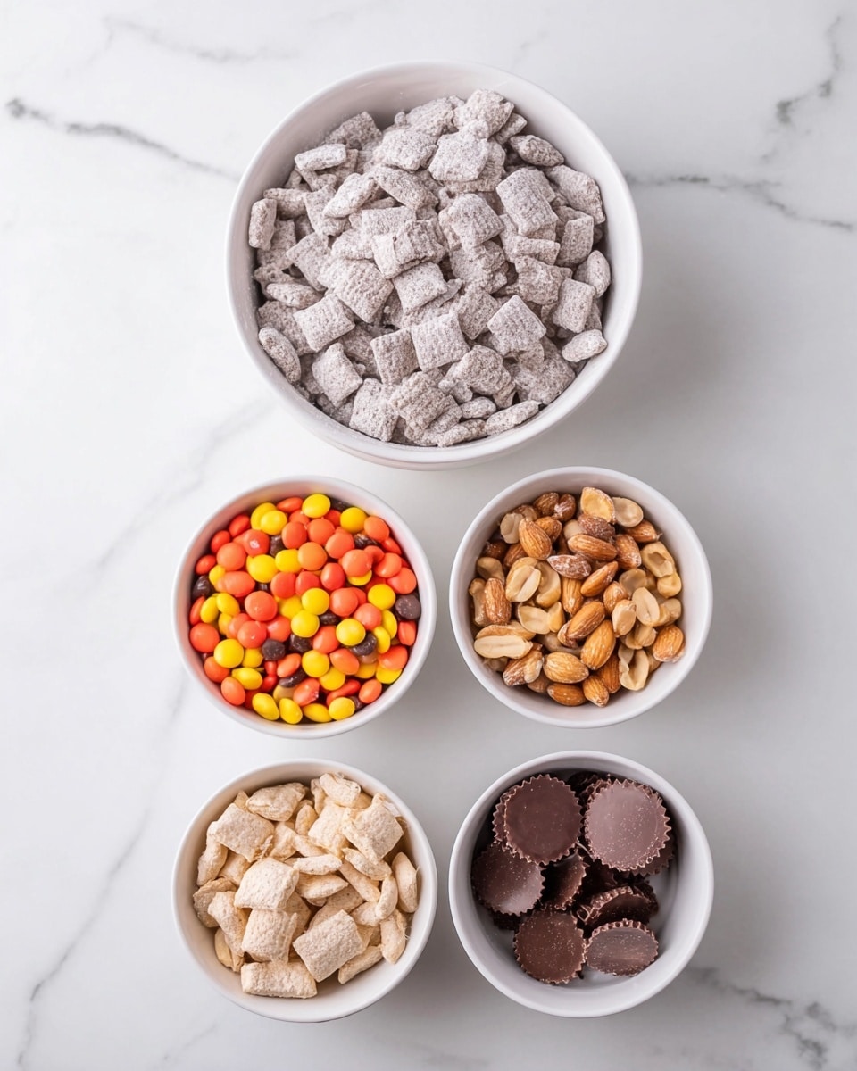 Five white bowls sit on a white marbled surface. The largest bowl at the top center is filled with grayish cereal pieces dusted in powder. Below it, two medium white bowls hold colorful candy pieces in orange, yellow, and brown on the left, and light brown peanuts on the right. At the bottom, two smaller white bowls contain pale beige cereal pieces on the left and small chocolate cups on the right. Each bowl shows a clear layer of its contents without any mixing. Photo taken with an iphone --ar 4:5 --v 7
