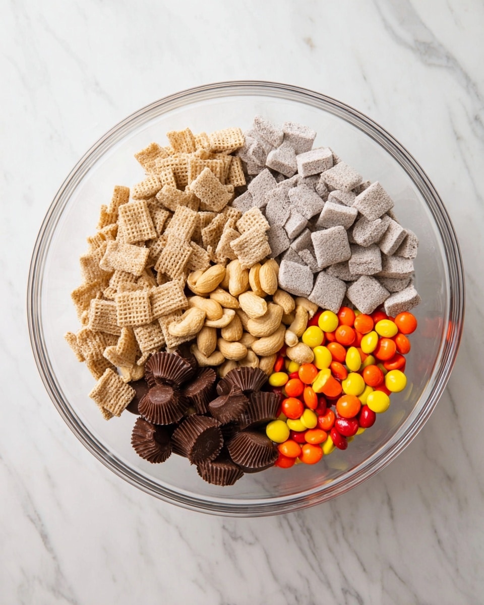 A clear glass bowl is placed on a white marbled surface. Inside the bowl, there are five different groups of ingredients arranged in separate sections without mixing. One section has light beige square cereal pieces with a woven texture, another has light gray square cereal pieces dusted with powder, a pile of whole peanuts with an earthy tan color sits in the middle, small, round chocolate cups with ribbed sides are clustered near the peanuts, and a group of colorful candy-coated chocolates in bright orange, yellow, brown, and red shades fills the last section. photo taken with an iphone --ar 4:5 --v 7