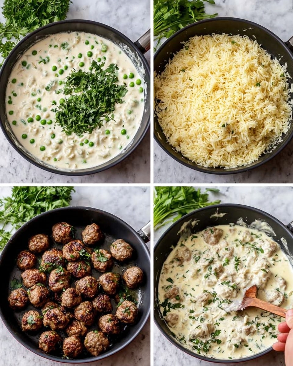 The image shows four steps in making a creamy rice and meatball dish, all in a black pan on a white marbled surface with fresh green herbs nearby. The first part shows a thick white sauce with peas and chopped green herbs added on top, the sauce smooth and creamy. The second part shows the same sauce with a layer of yellowish cooked rice added on top, the texture fluffy and soft. The third part shows a pile of brown cooked meatballs placed on top of the sauce and rice, scattered but mostly grouped in the center. The last part shows the meatballs stirred into the sauce and rice, making a creamy mix with specks of green herbs and peas, a wooden spoon is placed inside the pan, with a woman's hand holding the spoon. Photo taken with an iphone --ar 4:5 --v 7