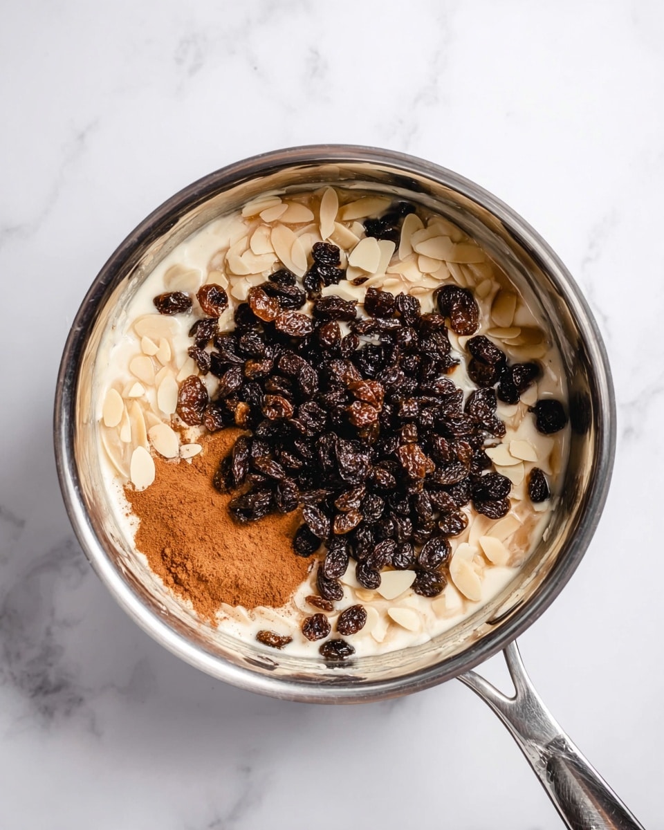 A top view of a silver metal pot containing a creamy light beige base. On top of the base, there are light tan slivered almonds scattered around the edges, and a large pile of small dark brown raisins sits mostly in the center. Some cinnamon powder is lightly dusted on one side near the edge, adding a warm brown color. The pot is placed on a white marbled surface. photo taken with an iphone --ar 4:5 --v 7