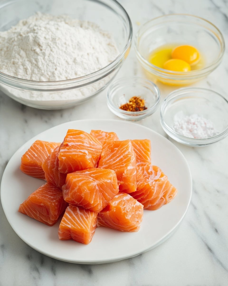 A white plate holds about fifteen pieces of raw salmon cut into thick cubes, showing a smooth, shiny orange surface with light white streaks of fat. Behind the plate, a large transparent glass bowl is filled with white flour, its soft texture visible. To the right of the flour bowl, there are three smaller clear glass bowls: one with a bright yellow egg yolk, another with a white powdery substance mixed with a small bit of red spice, and the last with a white powdery ingredient, all placed on a white marbled surface. photo taken with an iphone --ar 4:5 --v 7