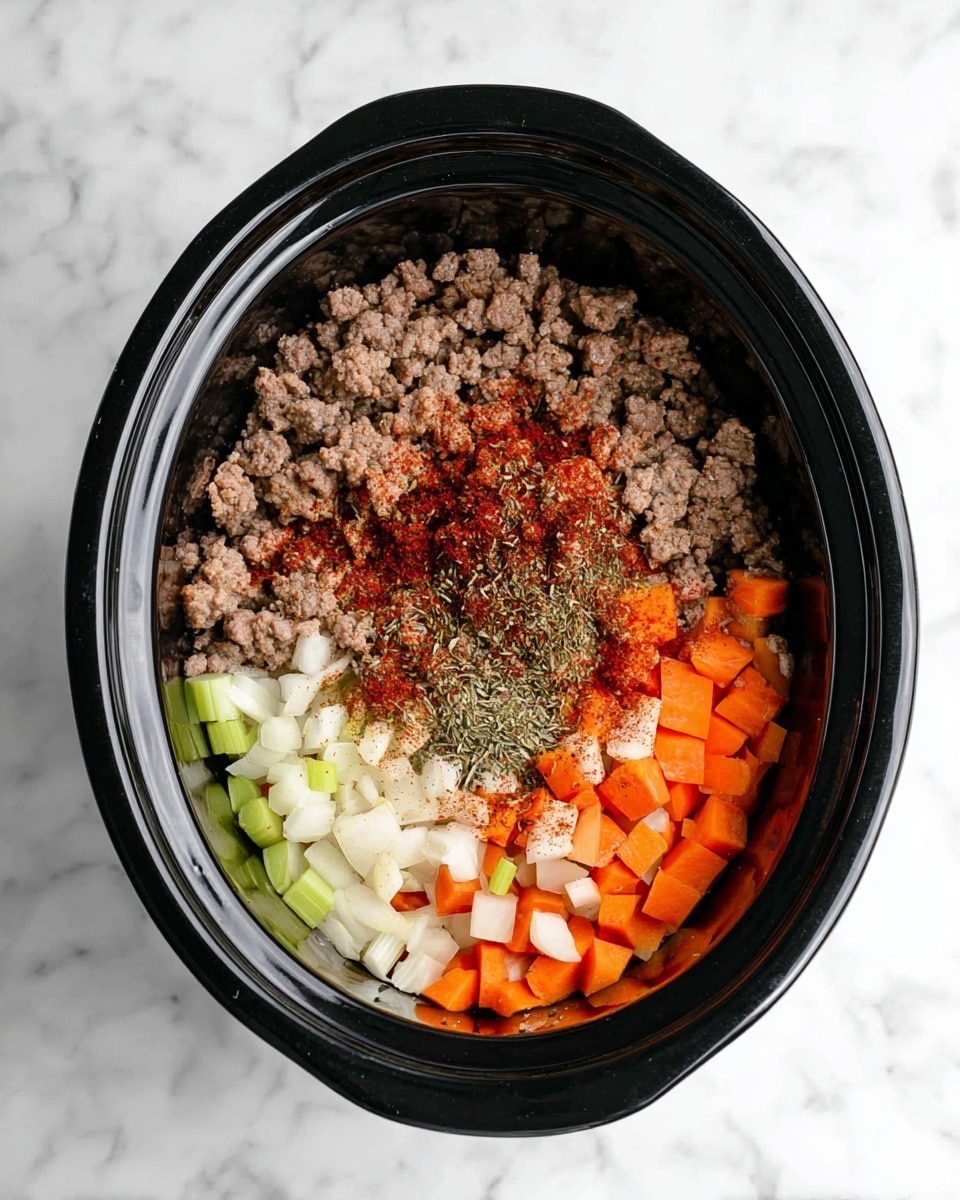 The image shows a black slow cooker pot filled with layers of ingredients starting with a base of white and light orange chopped vegetables, including carrots, celery, and onions. On top of this, there is a layer of ground meat with a brown, crumbly texture. The meat is sprinkled with a mix of red seasoning powders and dried herbs concentrated mostly in the center. The pot rests on a white marbled surface. photo taken with an iphone --ar 4:5 --v 7