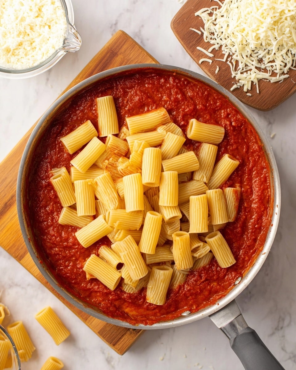 A top view of a skillet filled with bright red tomato sauce spread evenly on the bottom layer, topped with a heap of light yellow rigatoni pasta tubes with ridged texture, scattered casually in the pan. To the top right, there is a wooden board with a pile of shredded white cheese. The skillet sits on a small light wooden board, placed on a white marbled surface. To the top left of the skillet, there is a glass measuring cup with a clear liquid. A few loose pasta tubes lie on the marbled surface near the pan handle, which is gray with a black grip. photo taken with an iphone --ar 4:5 --v 7