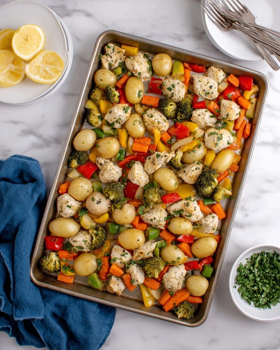 A large baking tray filled with a colorful mix of roasted vegetables and small white pieces of chicken. The vegetables include halved baby potatoes with a light golden color, bright orange baby carrots, green broccoli florets, chopped green and red bell peppers, and chunks of yellow squash. The chicken pieces are scattered evenly across the tray, showing a soft white texture with specks of herbs on top. In the background, there is a white marbled surface with a small bowl of chopped green herbs and lemon slices, a stack of white plates with silver forks on top, and a blue cloth near the bottom left corner. photo taken with an iphone --ar 4:5 --v 7