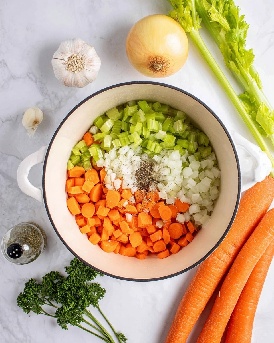 A white pot filled with three main layers: the bottom layer has small pieces of peeled carrots in bright orange, the middle layer has chopped green celery sticks, and the top layer has finely chopped white onions. Scattered on the top layer are coarse black pepper and white salt. Around the pot, on a white marbled texture surface, there are whole fresh carrots to the right, fresh celery sticks at the top left, a whole yellow onion at the top left near the celery, a small garlic bulb at the bottom left, some fresh green parsley at the top right, and a small transparent bottle of oregano at the bottom left corner. photo taken with an iphone --ar 4:5 --v 7