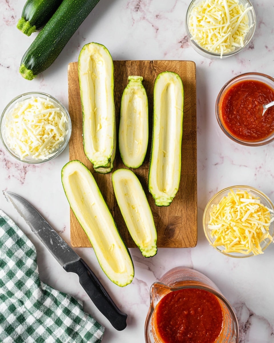 The image shows a wooden board on a white marbled surface with four zucchini halves arranged randomly, each hollowed out inside showing pale green flesh. Three green zucchini tops are placed near the top left of the board. Around the board, there are small clear bowls containing different shredded cheese types: one with creamy white shredded cheese, one with light yellow shredded cheese, and one with soft yellow cheese curls. To the right of the board, there is a glass measuring cup filled with rich red tomato sauce and a metal spoon resting nearby. A black-handled knife lies to the left of the board on the marbled surface, and a green and white checkered cloth is partially visible at the bottom left corner. photo taken with an iphone --ar 4:5 --v 7