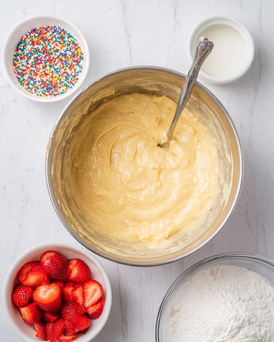 A large metal bowl in the center filled with light yellow, smooth batter, slightly thick and creamy in texture, with a silver spoon resting inside the batter. Surrounding the bowl are three small white bowls; one contains colorful rainbow sprinkles, another has a small amount of white liquid, and the third bowl is filled with bright red, sliced strawberries. In the bottom right corner, there is a clear bowl full of white powdered sugar. Everything is set on a white marbled surface. Photo taken with an iphone --ar 4:5 --v 7