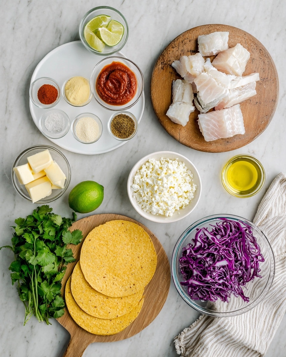 The image shows ingredients laid out for cooking, all placed on a white marbled surface. At the center right, a clear glass bowl holds several white and pale pink fish pieces with a soft texture. Below it, a round wooden board carries three yellow corn tortillas stacked on the right, a small white bowl filled with purple shredded cabbage on the bottom right, and a smaller white bowl with white crumbly cheese near the top center. A whole lime and a half lime with a bright green color sit next to fresh green cilantro leaves on the bottom left of the board. To the left of the board on the marbled surface, there is a small white bowl with light yellow butter cubes, a small clear bowl with golden olive oil, and a white plate with seven sections of various dry spices in red, brown, green, and beige shades arranged neatly. Above this plate, three small clear bowls hold fresh chopped green herbs, a red sauce with a smooth texture, and sour cream. Another small clear bowl contains salt. At the top right corner, a white cloth with light gray stripes and knotted ends is partly visible. photo taken with an iphone --ar 4:5 --v 7