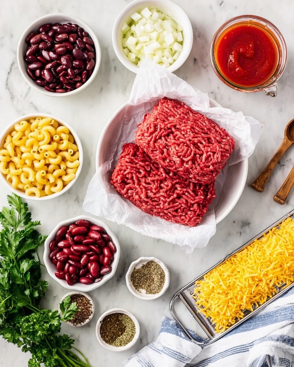 The image shows ingredients for cooking arranged neatly on a white marbled surface. At the center, there are two thick layers of raw red ground beef placed on white parchment paper inside a white bowl. Surrounding it, several small white bowls contain different items: one filled with yellow elbow macaroni, one with dark red kidney beans, one with chopped white onions, and another with red diced tomatoes. There is a clear glass containing bright red tomato sauce near the top. On the right side, a metal cheese grater holds shredded yellow cheese. At the bottom left, there is a bunch of fresh green parsley. Some small white bowls hold dry herbs and spices, along with small wooden spoons. A white cloth with blue stripes is placed on the lower right corner. The photo taken with an iphone --ar 4:5 --v 7