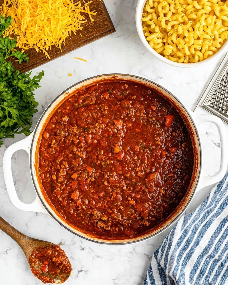 A round white pot with two handles is shown from above, filled with a thick, dark red sauce that has small chunks of tomatoes and other ingredients, creating a textured surface. Toward the top left, there is a wooden board with a pile of shredded yellow cheese next to a silver grater. To the right of the pot, a white bowl holds uncooked macaroni pasta in a bright yellow color. A wooden spoon with some sauce residue rests near the bottom left of the pot, while fresh green parsley sprigs are partially visible on the left side of the scene. A blue and white striped cloth is casually placed at the bottom right corner, all set on a white marbled surface. photo taken with an iphone --ar 4:5 --v 7