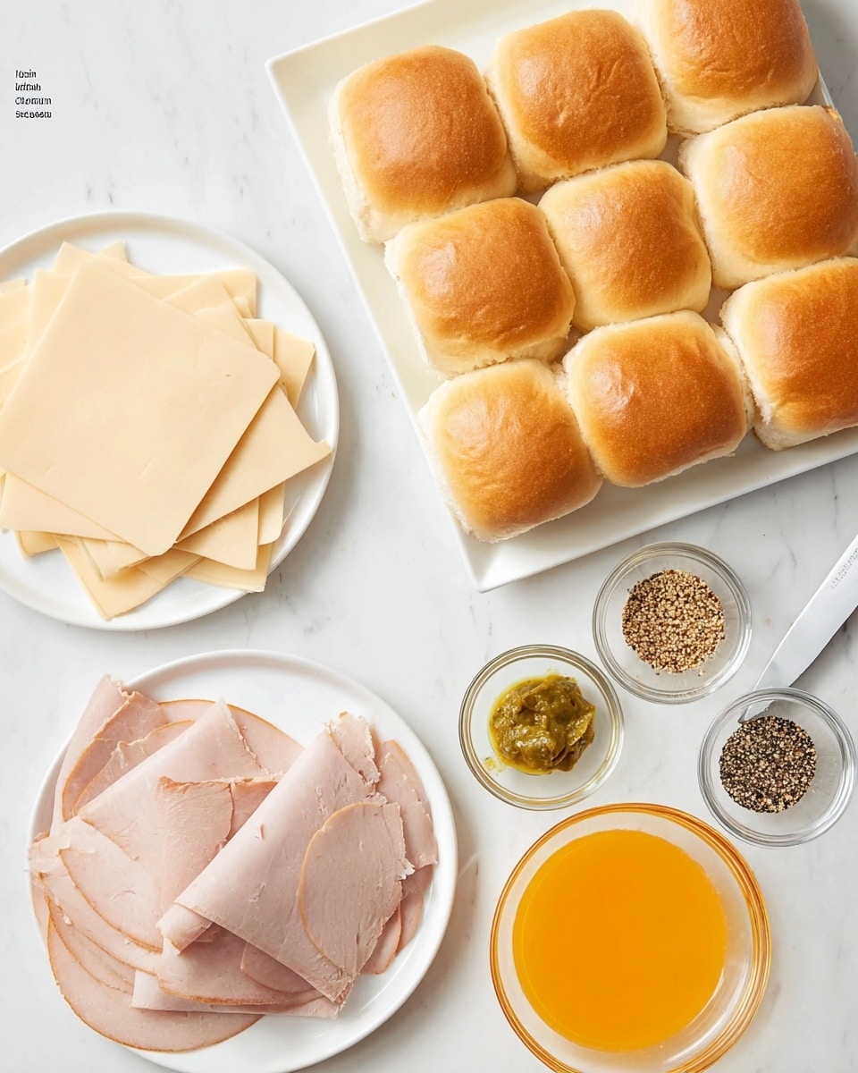 The image shows a top view of sandwich ingredients arranged on a white marbled surface. In the top right, there is a white square plate holding a grid of nine soft, golden-brown sandwich rolls with smooth tops. To the left, a white plate carries four layers of pale beige cheese slices overlapping each other. Below the cheese, another white plate displays several thin, folded slices of light pink deli meat. On the right side of the image, three small clear glass bowls hold mustard, a mix of black and white seeds, and some brown spices. At the bottom right, a larger clear glass bowl contains a bright yellow-orange liquid, likely melted butter or sauce. A woman’s hand is not present, and a knife lies atop the bread rolls. Photo taken with an iphone --ar 4:5 --v 7