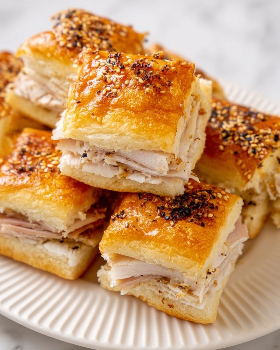 A golden-brown square bun is lifted with a wooden spatula, showing melted white cheese stretching from inside. The top of the bun is sprinkled with a mix of black and white sesame seeds and coarse spices. The bun’s crust looks crispy and shiny, while the inside is soft and gooey with cheese. More similar buns filled with melted cheese and sprinkled with the same seasoning are seen below, resting close together in a white dish. The background is a white marbled surface. Photo taken with an iphone --ar 4:5 --v 7