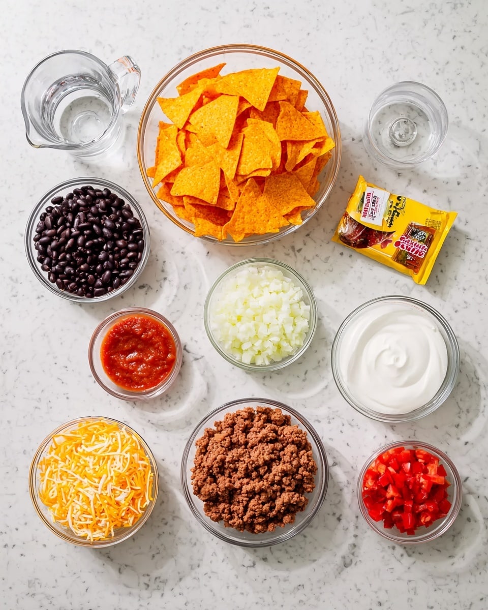 The image shows nine clear glass bowls arranged evenly on a white marbled surface. Starting from the top center is a large bowl filled with bright orange tortilla chips. To the left of it is a medium bowl full of black beans, and to the right is a smaller bowl with finely chopped white onions. Below the chip bowl and slightly to the right is a small yellow packet of taco seasoning. At the bottom right is a medium bowl of smooth white sour cream. In the center bottom is a medium bowl with cooked, crumbled ground beef having a brown color and coarse texture. To the left of it is another medium bowl filled with a mix of shredded yellow and white cheese. Below the black beans bowl, there is a tiny bowl with a red salsa sauce, and to its right is a small bowl with bright red chopped tomatoes. A clear glass measuring cup with water is placed on the far left side. The whole setup is neat, and the colors range from bright orange, red, white, brown, and black, all sitting on the white marbled background photo taken with an iphone --ar 4:5 --v 7