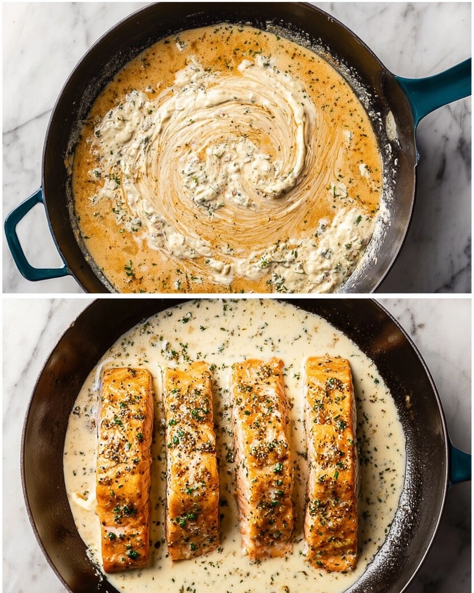 In the first pan image, a creamy sauce with a light brown swirl and green herb bits fills the dark teal cast iron pan resting on a white marbled surface. The sauce has a smooth, mixed texture with a creamy base dotted by spice flecks and herb sprinkles. In the second pan image, four golden-brown salmon fillets lie on the creamy sauce, partially covered with the sauce and sprinkled with green herbs and black pepper. The fillets are arranged side by side, showing a cooked, slightly crispy outer layer contrasting with the smooth sauce underneath. The same dark teal pan and white marbled surface complete the setting. photo taken with an iphone --ar 4:5 --v 7